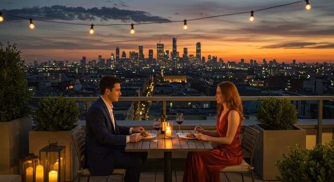 Romantic evening meal on a rooftop terrace overlooking a vibrant city skyline at sunset.