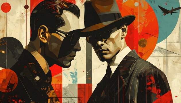 Two men in pinstripe suits and fedoras, a bold art piece with geometric shapes and vibrant colors, depicting a moment of confrontation.
