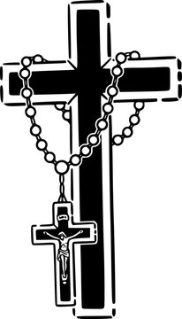 silhouette vector of cross with rosary in graffiti stencil with simple paint dripping
 isolated on white background svg png