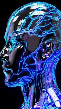 Futuristic video concept of a glossy humanoid with neon blue circuits. Side angle highlights sleek, high-tech design against a dark background. Suitable as mobile wallpaper.