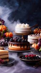 Naklejka premium A beautifully arranged dessert table featuring various cakes and berries with a dark, moody background