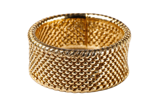 A gold ring with a unique woven texture, showcasing intricate craftsmanship and luxurious design. background removed