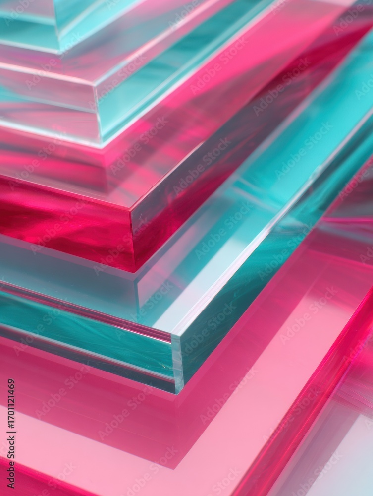 Poster layers of colorful acrylic sheets stacked in vibrant pink and turquoise hues reflecting light and cr