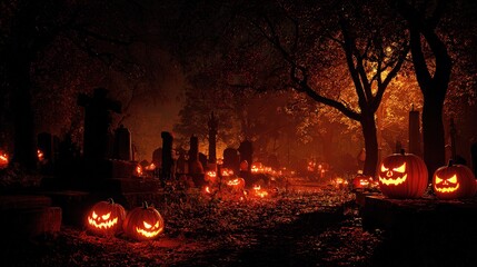 Spooky halloween night scene with glowing jackolanterns in a graveyard with trees and fog creating an eerie atmosphere