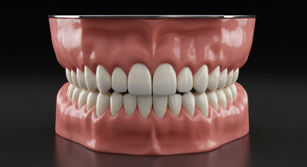 Dental Model with White Teeth and Pink Gums on Black Background