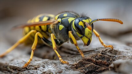 Closeup wasp on weathered wood