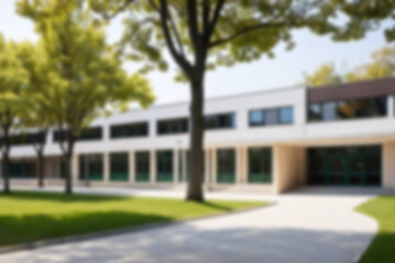 Obraz premium Blurry photo of a large school yard filled with green plants with a modern school building nearby, showing a cool school atmosphere, blurry school wallpaper.