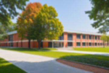 Obraz premium Blurry photo of a large school yard filled with green plants with a modern school building nearby, showing a cool school atmosphere, blurry school wallpaper.