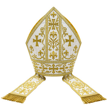 A white mitre ornately decorated with gold crosses fleurdelis and tassels on white or transparent background