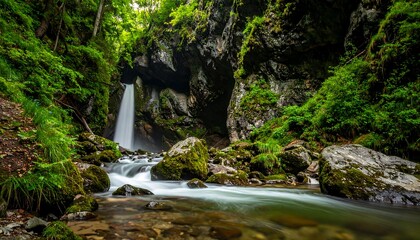 A tranquil waterfall cascading down mossy rocks into a crystal-clear stream, surrounded by lush green foliage and dark, rocky outcrops.