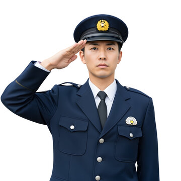 An Asian man in a navy police uniform and hat salutes on white or transparent background