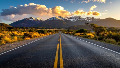 A scenic asphalt road winds through a landscape of golden grasses and hills, leading towards a majestic mountain range capped with snow.