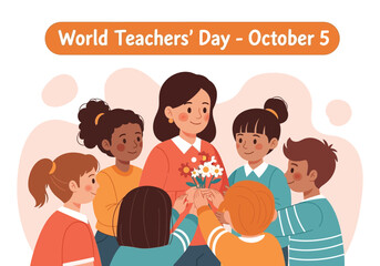 vector illustration of a female teacher receiving flowers from a diverse group of happy students for a World Teachers' Day appreciation card.