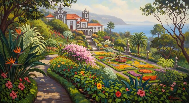 Vibrant Mediterranean Garden with Historic Villa Overlooking the Sea. - Powered by Adobe