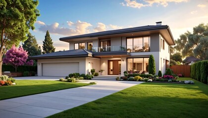 A modern, light-filled home stands gracefully on a manicured lawn, showcasing a contemporary design and lush landscaping.