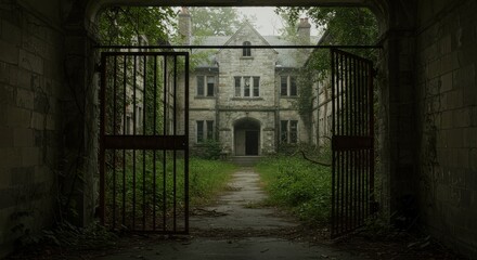 Obraz premium An overgrown courtyard, enclosed by weathered gates, leads to a decaying stone house.