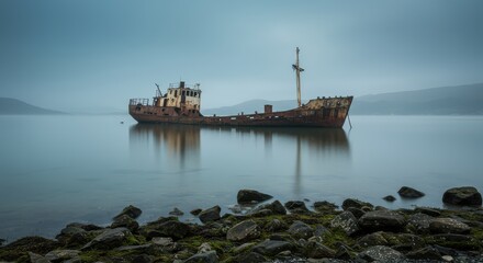 A tranquil scene of a rusty shipwreck at rest on a calm body of water, reflecting in the glassy surface, framed by a rocky shoreline under a muted, overcast sky.