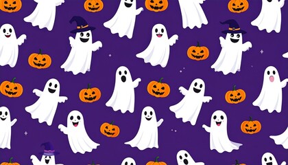 A cheerful Halloween pattern features cartoon ghosts and pumpkins on a deep purple background.