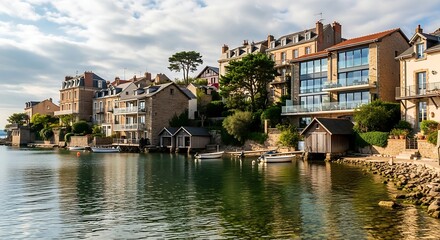 Waterfront Buildings Reflected in Calm Water.