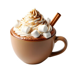 Hot chocolate with whipped cream and marshmallows isolated on transparent background