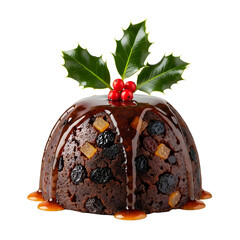 Christmas pudding with holly and berries isolated on transparent background