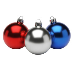 Red, silver, and blue christmas ornaments isolated on transparent background
