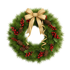 Christmas wreath with pine cones and red berries isolated on transparent background