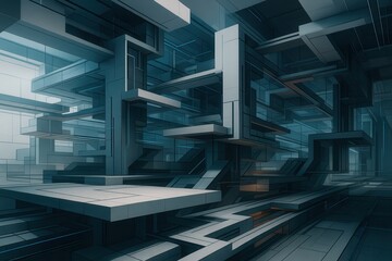 Abstract digital architecture with three-dimensional geometric elements and contemporary technological aesthetics
