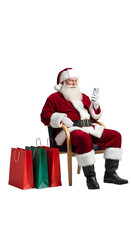 Santa claus sitting in a chair with a smartphone and shopping bags isolated on transparent background