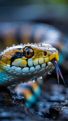 Fototapeta premium Close-up macro shot of a colorful snake with sharp eyes and tongue out, captured in vivid detail and natural lighting. Perfect for wildlife photography, reptile illustrations, and educational content.