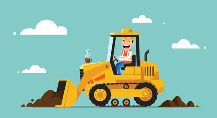 A joyful construction worker in a yellow bulldozer with a cup of coffee