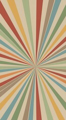 A retro-styled sunburst design featuring muted pastel and earth tones radiating outwards from a central point. The background is a light beige.