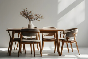A minimalist dining area with a modern wooden table and upholstered chairs.