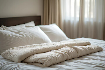 A close-up shot of a neatly made bed with pristine white linens and soft, folded blankets.
