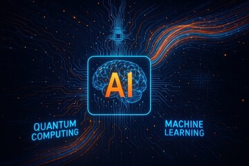 Advanced AI neural network visualization with quantum computing elements and futuristic data streams