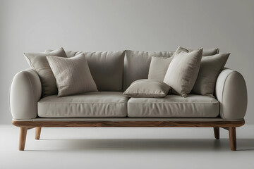 A modern, minimalist sofa with a neutral beige tone and elegant wooden base.