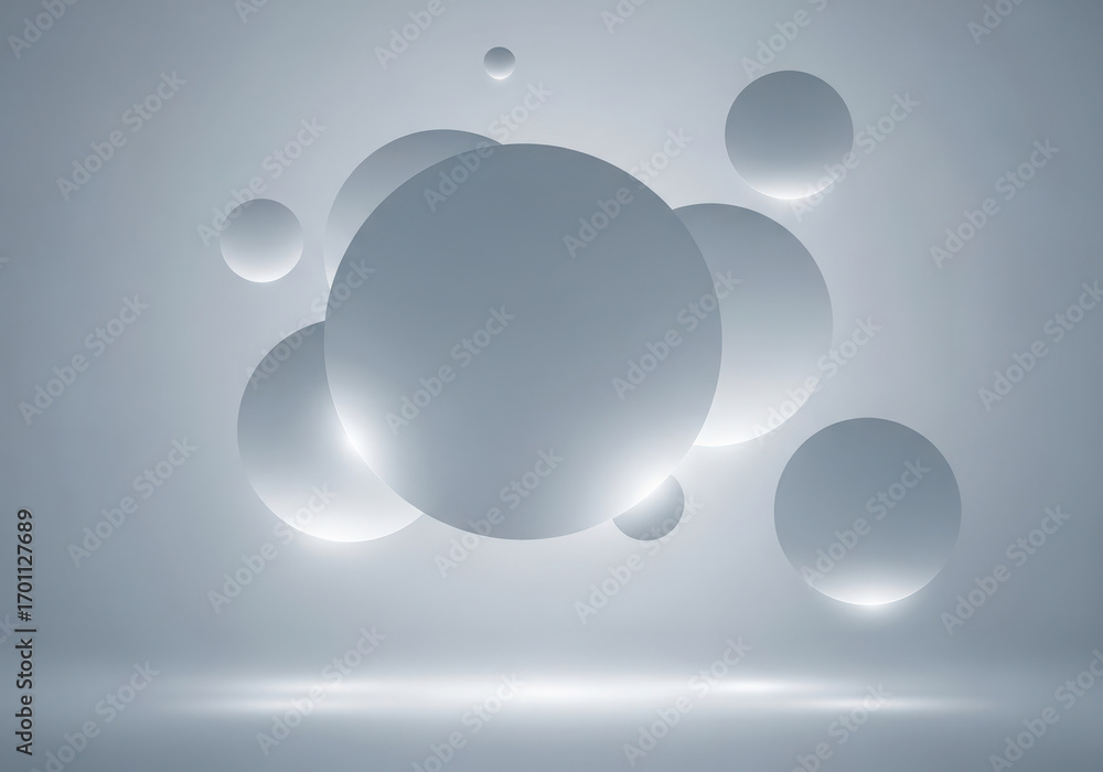 Poster abstract floating spheres with soft light and reflections on a transparent background