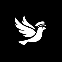 Creative vector illustration of a bird wearing a pilot or courier hat with open wings, courier dove icon