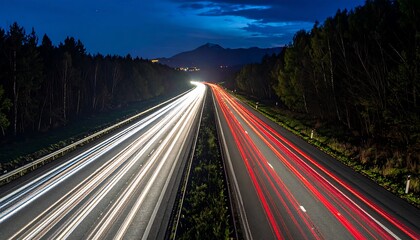 A highway at twilight, illuminated by streaks of light from passing vehicles, stretches into the distance, framed by dark forests and a distant mountain range.