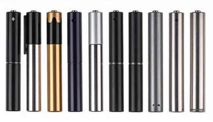 Obraz premium Row of Alkaline Batteries in Assorted Colors and Textures on White Background Energy Supply Concept