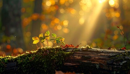 Sunlight streams through a forest, illuminating delicate new growth on a mossy log.