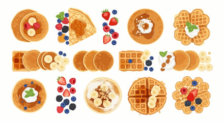 Delicious Assortment of Pancakes and Waffles Topped with Fresh Fruits and Cream, Perfect for Breakfast Menu Design and Culinary Illustration Projects.