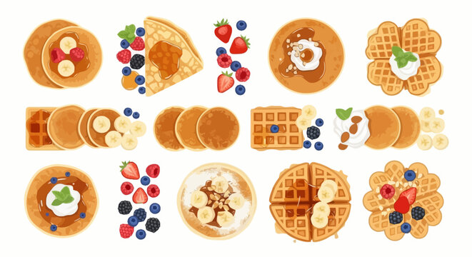 Delicious Assortment of Pancakes and Waffles Topped with Fresh Fruits and Cream, Perfect for Breakfast Menu Design and Culinary Illustration Projects.