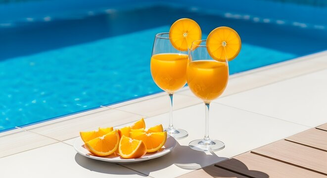 orange juice with orange slices served by the poolside on a sunny day, perfect for a summer vacation