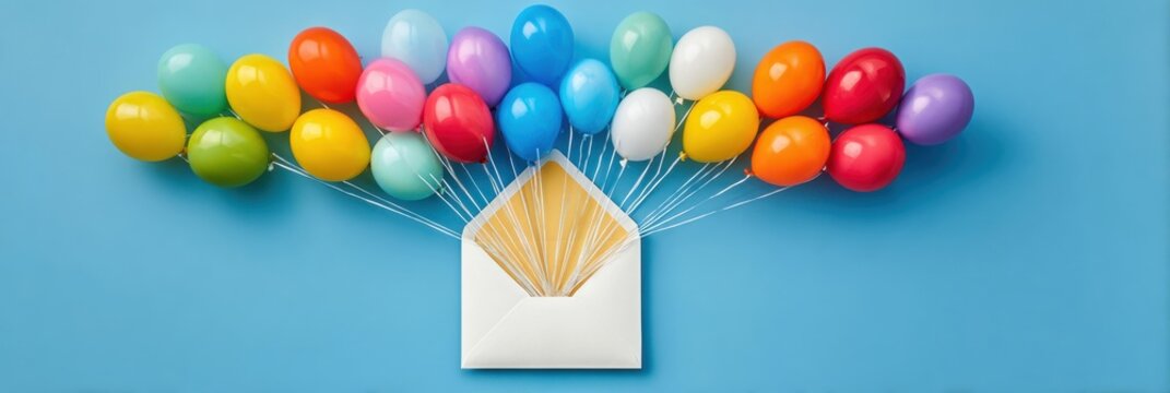 Colorful Balloons Flying out of a White Envelope Creating a Joyful Message on a Bright Blue Surface