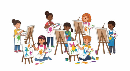 Group of Diverse Children Painting Together in an Art Class, Fostering Creativity, Learning, and Social Interaction. Ideal for educational materials or art program promotion.