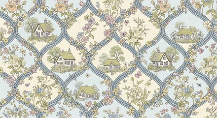 Vintage Cottagecore Toile Pattern with Houses and Flowers.
