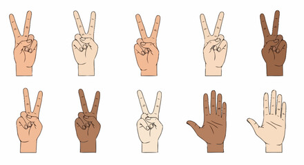 Fototapeta premium Diverse Hands Illustrating the Peace Sign and Open Palm for Unity, Inclusivity, and Global Harmony Campaigns