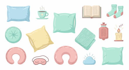 Cozy Bedtime Essentials Collection featuring Pillows, Tea, and Comfort Items for Promoting Relaxation and Peaceful Sleep for Adobe Stock Illustration