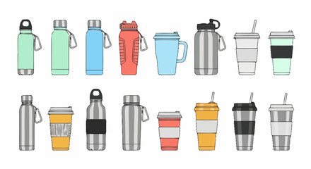 Fototapeta premium Diverse Collection of Reusable Water Bottles and Coffee Cups for Promoting Sustainable Living and Eco-Friendly Choices, Great for Web Designs and Educational Materials.